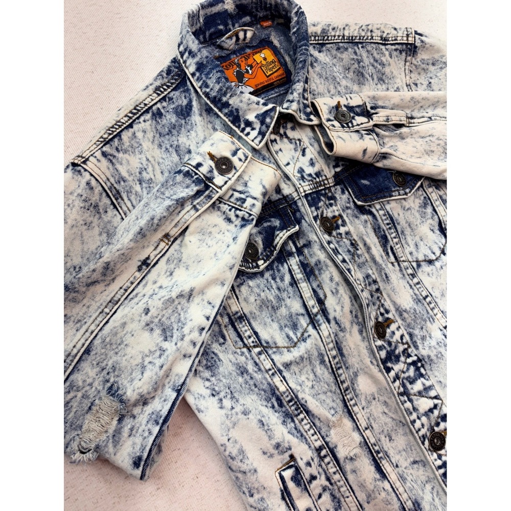 Rolling Paper Mens Acid Wash Distressed Denim Jacket Blue White Cotton Size M